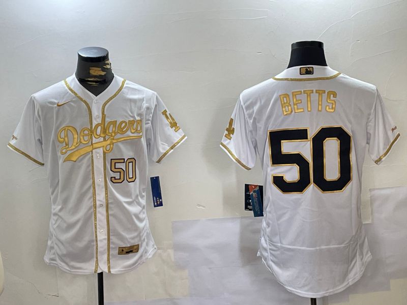Men Los Angeles Dodgers 50 Betts White Gold Elite 2024 Nike MLB Jersey style 5